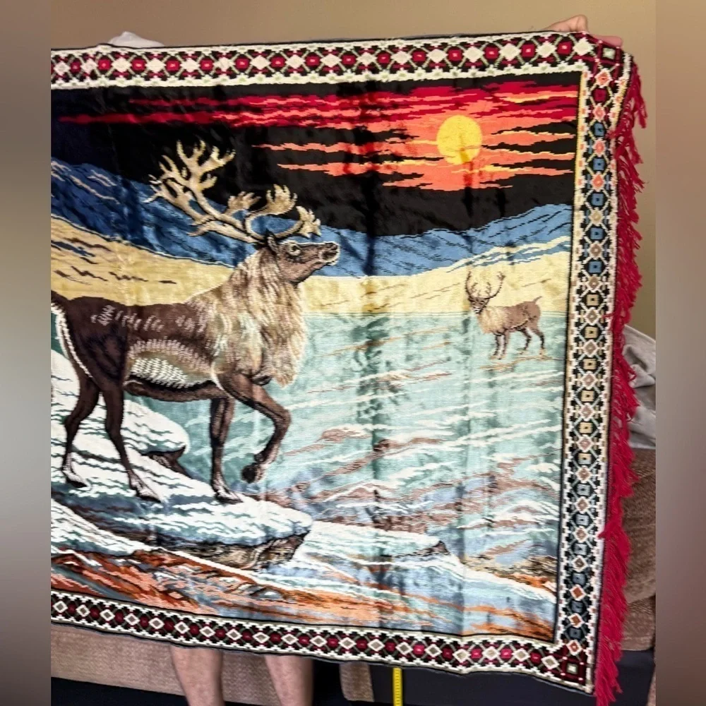 VTG 70's Reindeer Caribou Elk Velveteen Christmas Cabin Tapestry Decor BIG